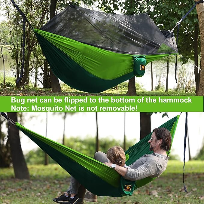 Hammock with Zip-On Mosquito Net, Reversible Nylon, Dark Green