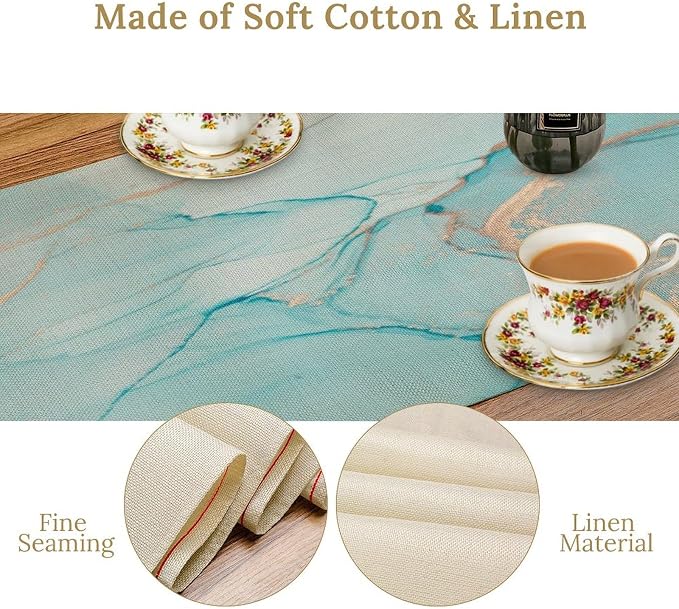 Turquoise Aqua Marble Table Runner, Modern Teal Watercolor Print Table Runner - Image 4