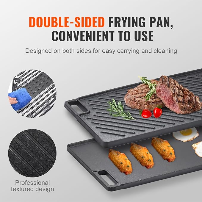 VEVOR Reversible Grill/Griddle, 17x10'' Pre-Seasoned Cast Iron Griddle - Image 5