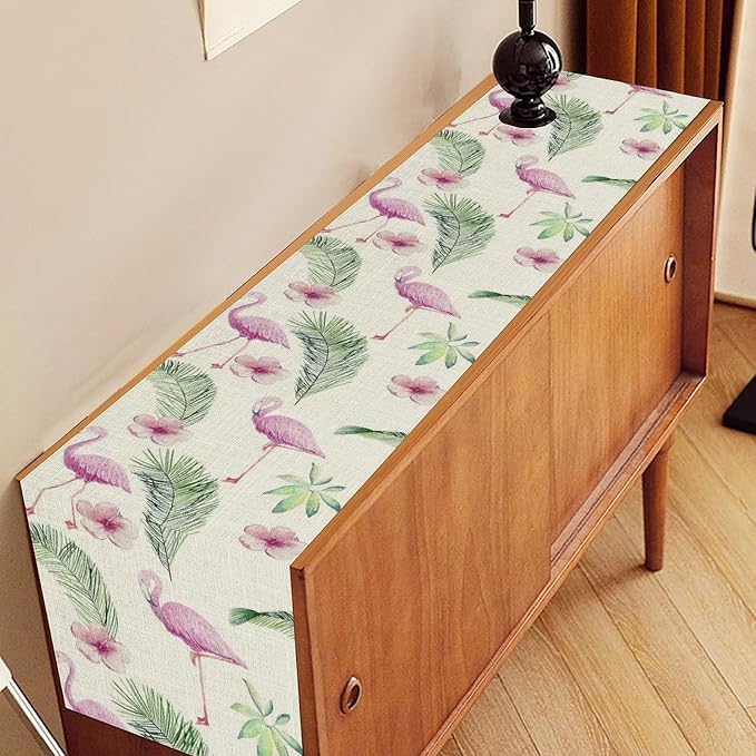 Flamingo Table Runner, Spring Summer Tropical Floral Green Palm Leaves Hawaiian - Image 2