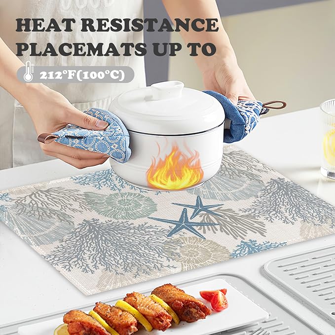 Coastal Beach Placemats Set of 6, Shell Starfish Coral Heat Resistant Table - Image 4