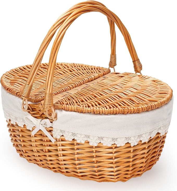 Wicker Picnic Basket with Removable Liner, Empty Picnic Baskets with Lid by ZORMY