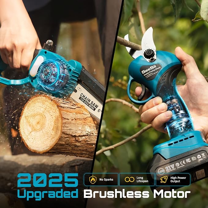 SEESII Mini Chainsaw & Pruning Shears: 6" Electric Saw Brushless & 1.3" Pruner - Image 3