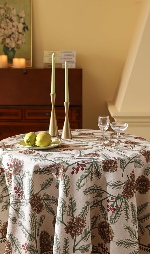 ISAENNE Designer Christmas Beige Linen Small Round Tablecloth, Pinecones - Image 6