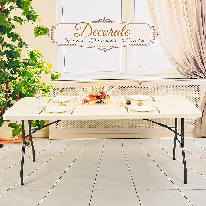 10 Pack Stretch Fabric Table Top Cap Cover, Ivory Table Covers fits 6Ft Tables - Image 5
