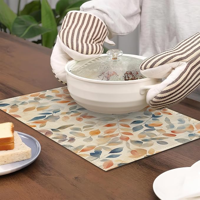 Placemats Set of 6, Autumn Leaves Table Mats, Fall Colorful Washable Linen - Image 4
