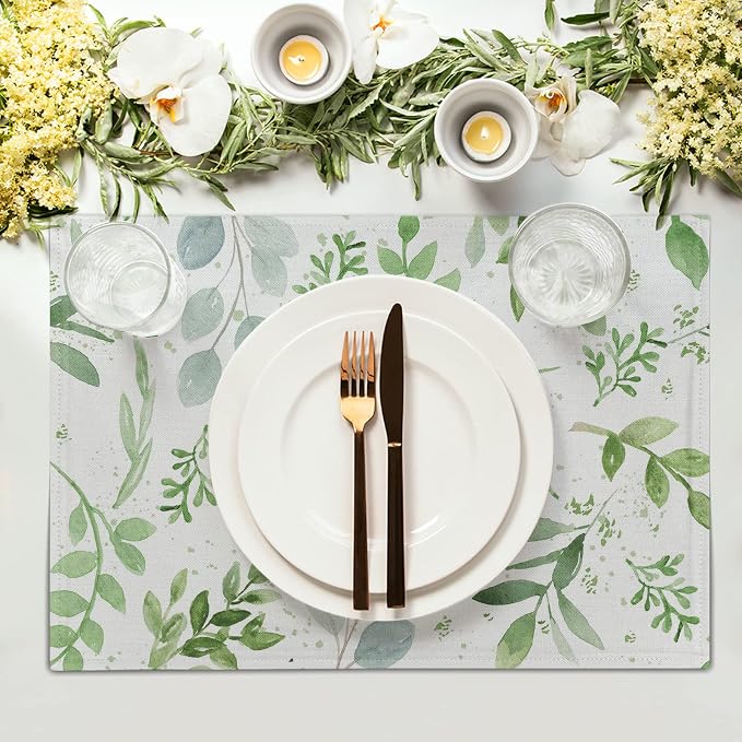 Giwawa Leaf Spring Placemats Set of 4 Sage Green Eucalyptus Leaves Linen Non - Image 3
