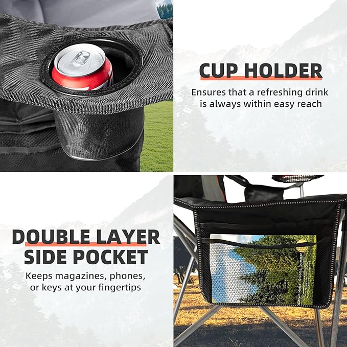 Folding Camping Chairs 2-Pack, Black and Gray, 400 lb Capacity