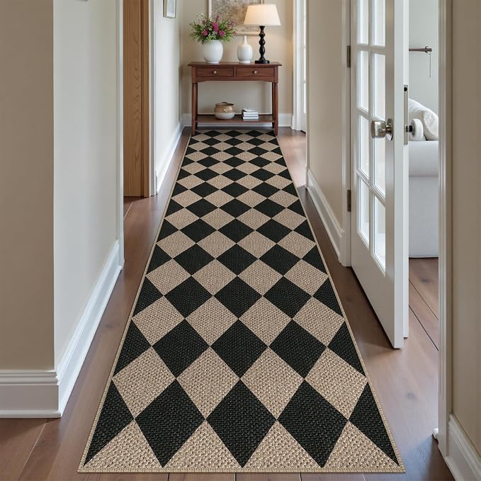 Easy Jute Checkered Runner Rug, 2.6x10 Black Modern Washable Rugs Runner - Image 6