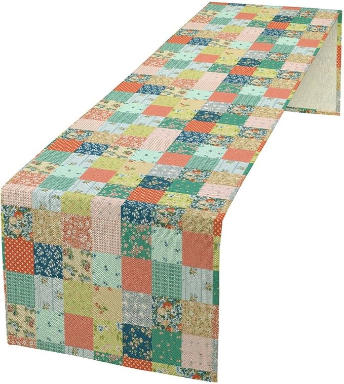Boho Floral Patchwork Table Runner, Colorful Flower Print Rustic Farmhouse by Unknown