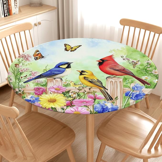 Spring Birds Floral Round Fitted Tablecloth - Image 2