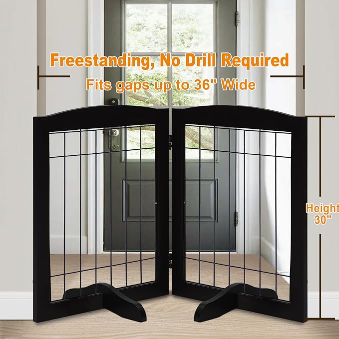 LZRS 2-Panel Freestanding Adjustable Wooden Dog Gate—30” Tall Foldable Pet - Image 2