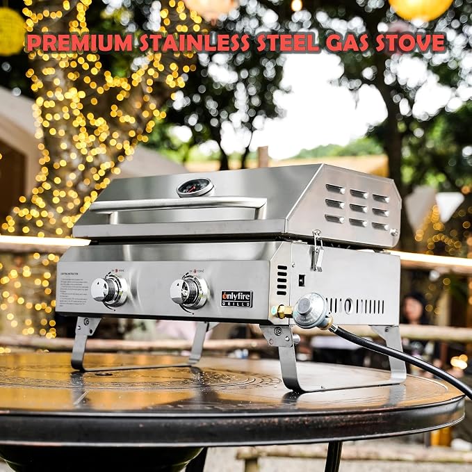 Tabletop Gas Griddle with Lid & Foldable Legs, 2-Burner BBQ Propane Flat Top - Image 4