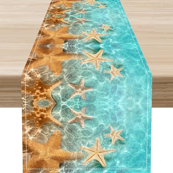 Summer Ocean Table Runner, Nautical Coastal Starfish Beach Seashell Ocean by Unknown