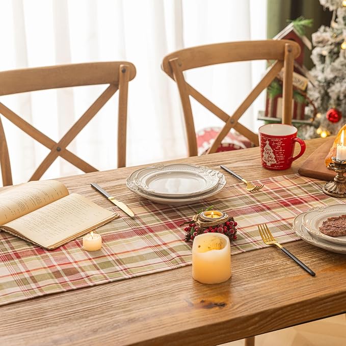Beige Plaid Christmas Table Runner, Winter Holiday Table Runners 72 inches Long - Image 4