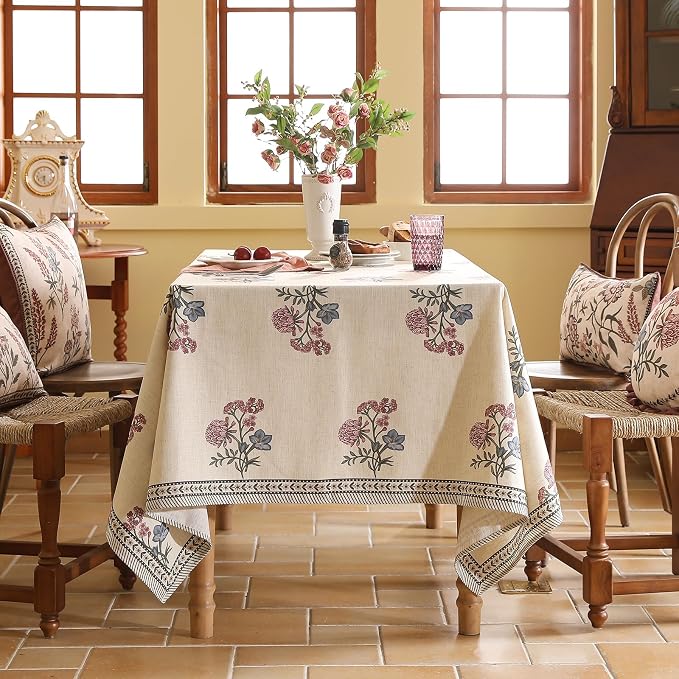 ISAENNE Designer Linen Light Beige Small Rectangle Tablecloth, French Colorful - Image 3