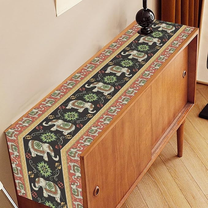 Boho Elephant Table Runner, Rustic African Tribe Indian Diwali Floral Ethnic - Image 3