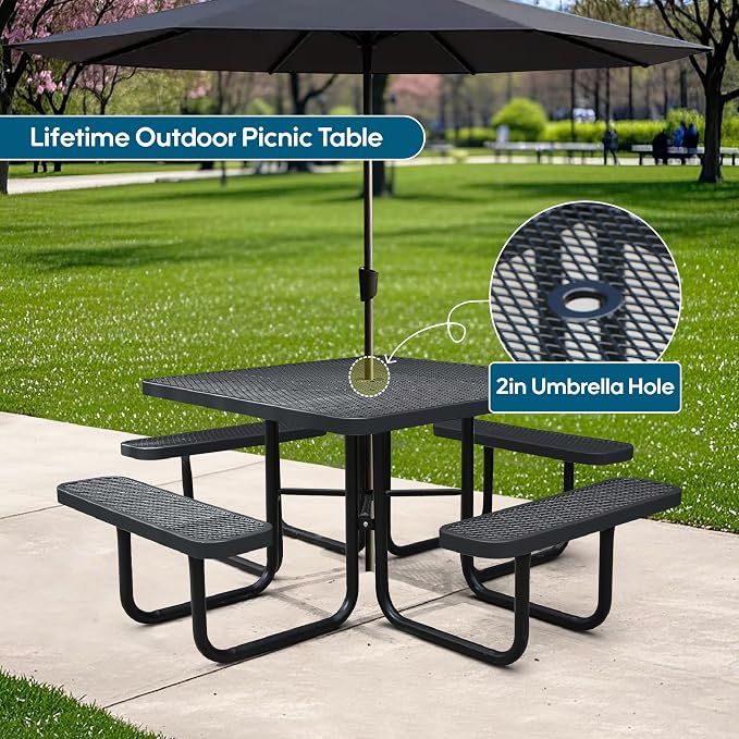 46'' Square Metal Picnic Table for Outdoors, Commercial Steel Metal Picnic - Image 4