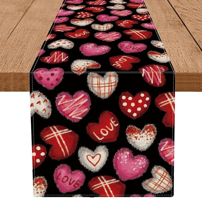 Valentines Day Decorations Table Runner Love Hearts Black Kitchen Dining Table by QIONGMENG
