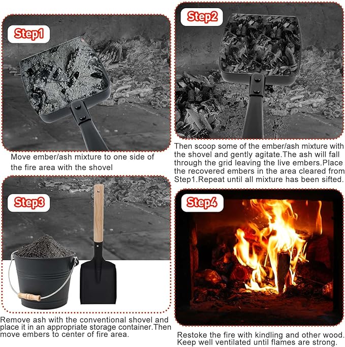 Long Handle Fireplace Ash Sifter, Hollow Out Metal Coal Shovel Adjustable - Image 7