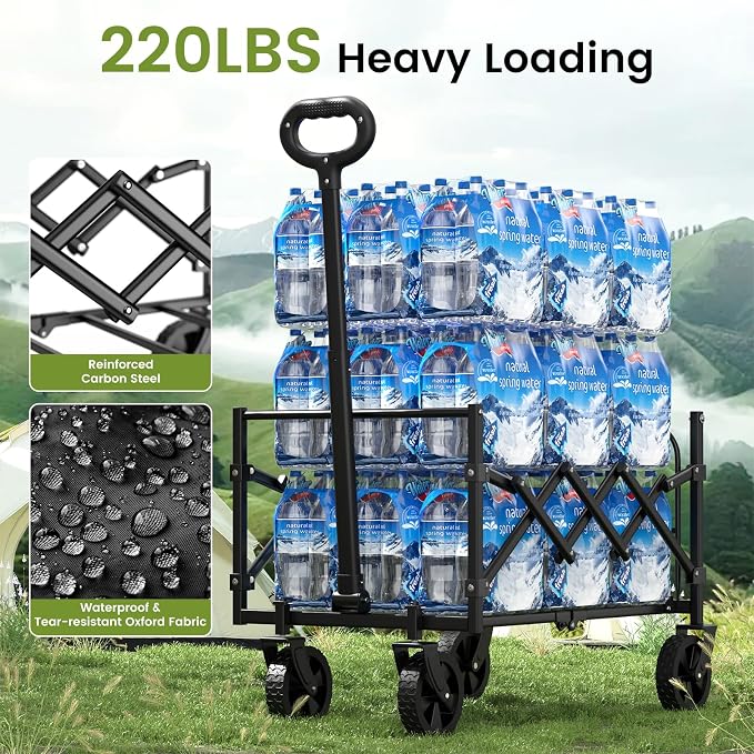 220LBS Foldable Wagon with All-Terrain Wheels, Portable Wagon Cart with - Image 3