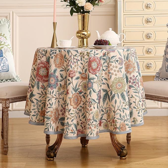 Designer Vintage Linen Round Tablecloth, French Rustic Floral Table Cloth - Image 2