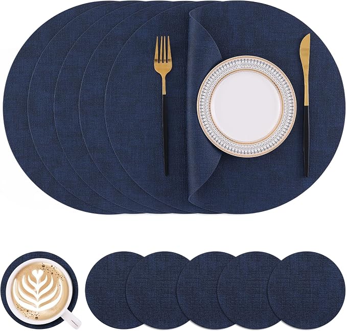 Homaxy Round Faux Leather Placemats and Coasters, Washable Dual-Side Table Mats by Homaxy