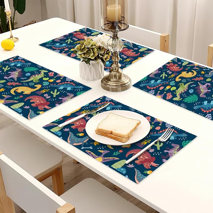 Dinosaur Placemats Set of 6, Cute Tropical Leaves Heat Resistant Table Mats - Image 7