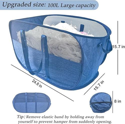 100L Collapsible Laundry Baskets 2 Pack, Extra Large Mesh Pop Up Laundry Hamper - Image 2