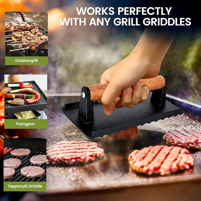 Burger Press, 8.3”X4.3”Rectangle Heavy-Duty Cast Iron Smash Burger Press - Image 6