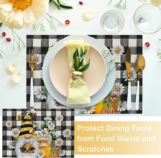 Seliem Spring Bee Gnome Daisy Placemats Set of 4, Honey Black White Buffalo - Image 5