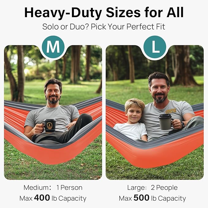Camping Hammock, Double Size, 500 lb Capacity, Orange and Grey