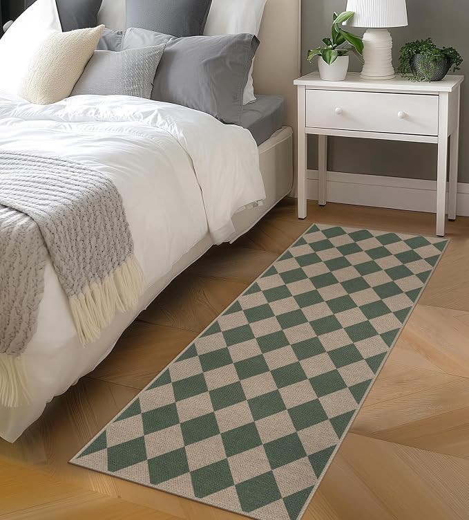 Easy Jute Checkered Runner Rug, 2x6 Green Modern Washable Rugs Runner - Image 7