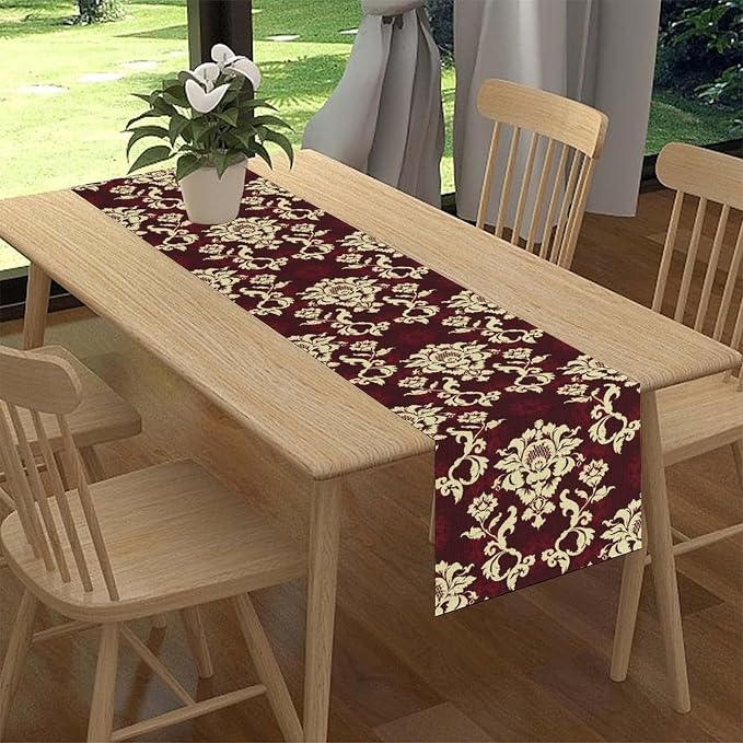 Red Damask Table Runner, Gothic Boho Baroque Style Floral Flower Antique - Image 2