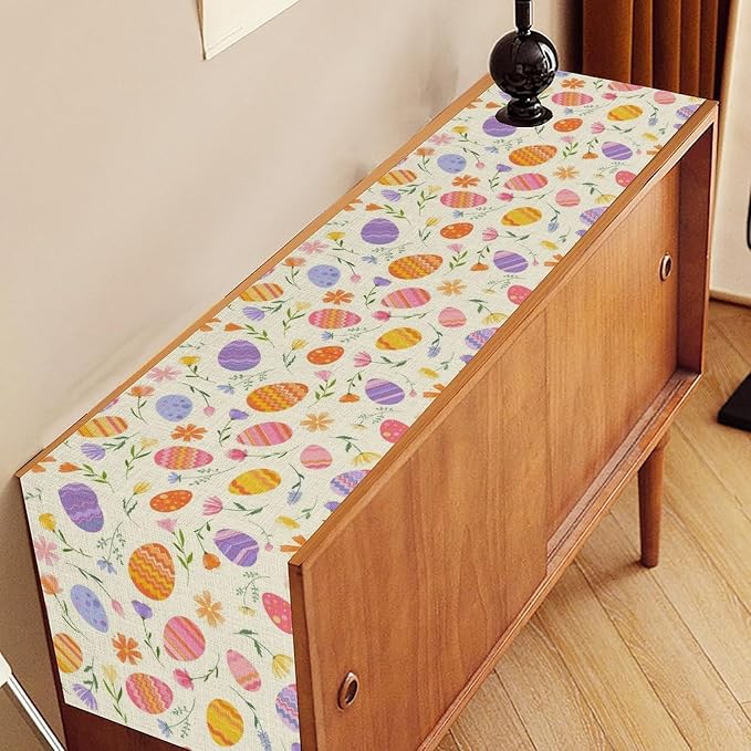 Easter Egg Table Runner, Colorful Egg Pattern Flowers Spring Summer Seasonal - Image 2