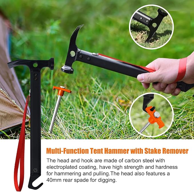 Eurmax USA Hiking Camping Tent Stakes and Hammer Set Lightweight Multi-Function - Image 2
