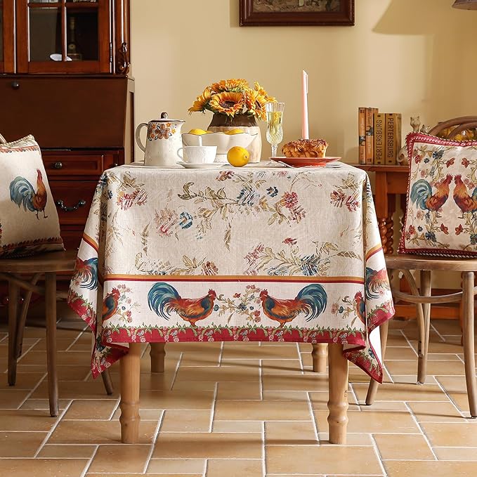 patdrea Designer Vintage Red Rectangle Tablecloth, French Linen Animals Pattern - Image 3