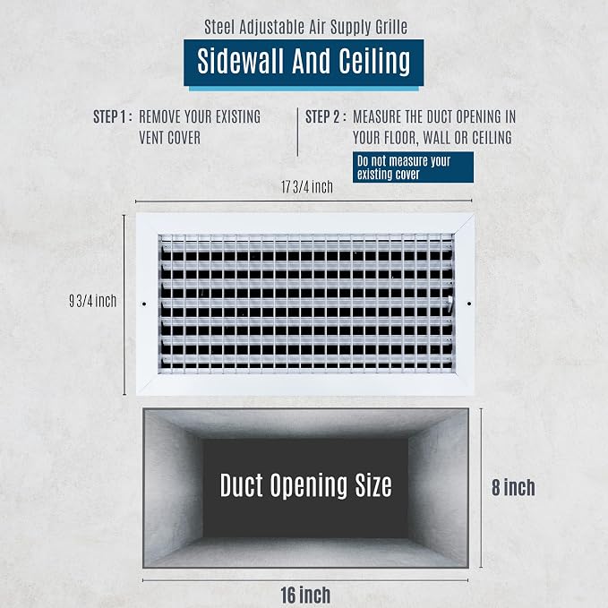Fits 16x8 Duct Opening Steel Adjustable Air Supply Grille by Handua | Register - Image 3