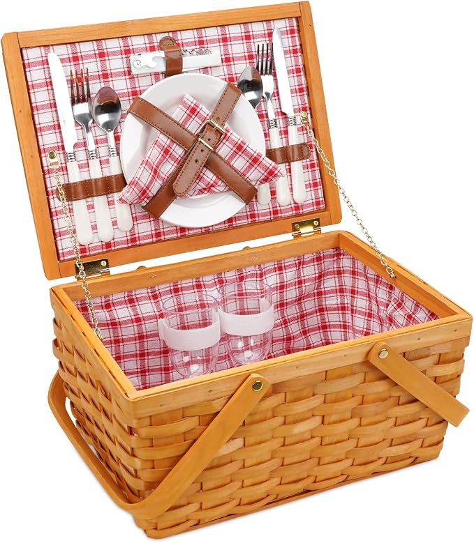 Picnic Basket Set for 2 Persons, Woven Woodchip Basket by ZORMY