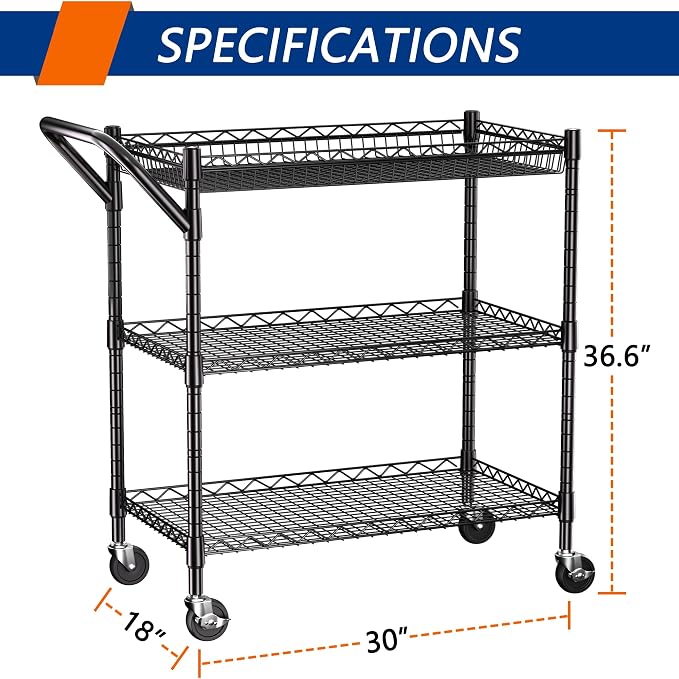 REGILLER 3 Tier Heavy Duty Rolling Utility Cart, Commercial Grade Metal - Image 4