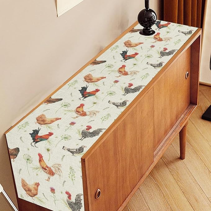 Farmhouse Rooster Table Runner, Rustic Farm Animals Cow Pig Chicken Coffee - Image 2
