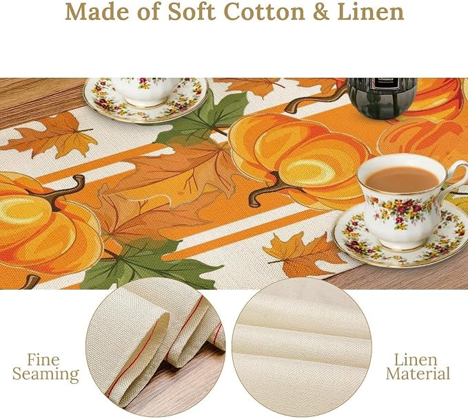 Fall Pumpkin Table Runner, Autumn Orange Maple Leaves Print Table Runner - Image 5