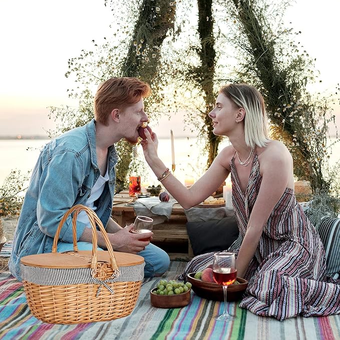 Wicker Picnic Basket with Liner, Wooden Split Lid Picnic Basket, Vintage-Style - Image 5
