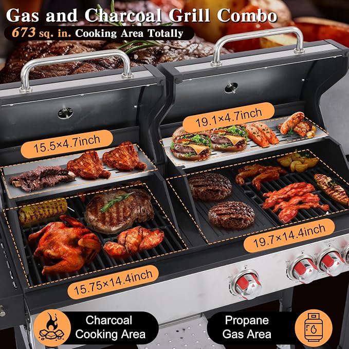 CIG GARDEN Gas and Charcoal Combo Grill, 3 Burner Propane Gas Grill - Image 3