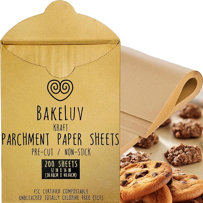 BAKELUV Kraft Brown Parchment Paper Sheets 12x16” | 200 Pcs | Non-Stick Precut by BAKELUV