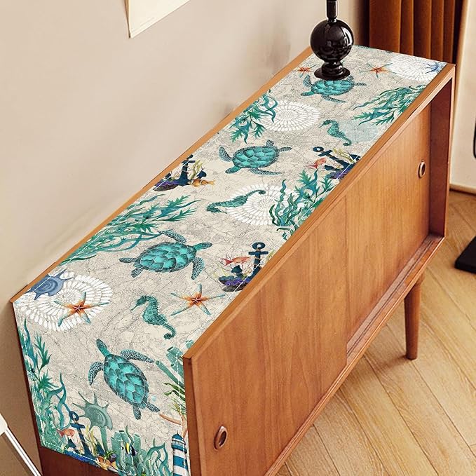 Sea Turtle Table Runner, Summer Coastal Starfish Seahorse Seashells Coastal - Image 3