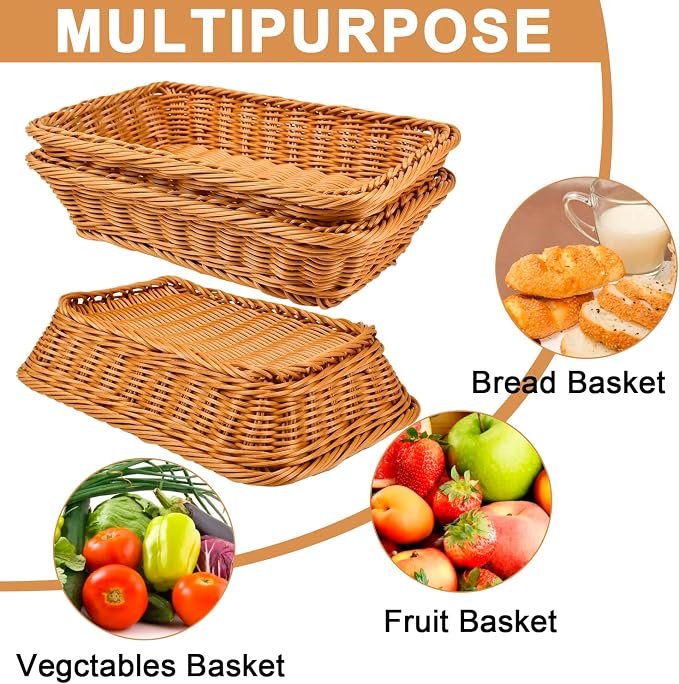 2 Pack 12" Rectangular Poly Wicker Bread Baskets, Durable Woven Serving Basket - Image 4