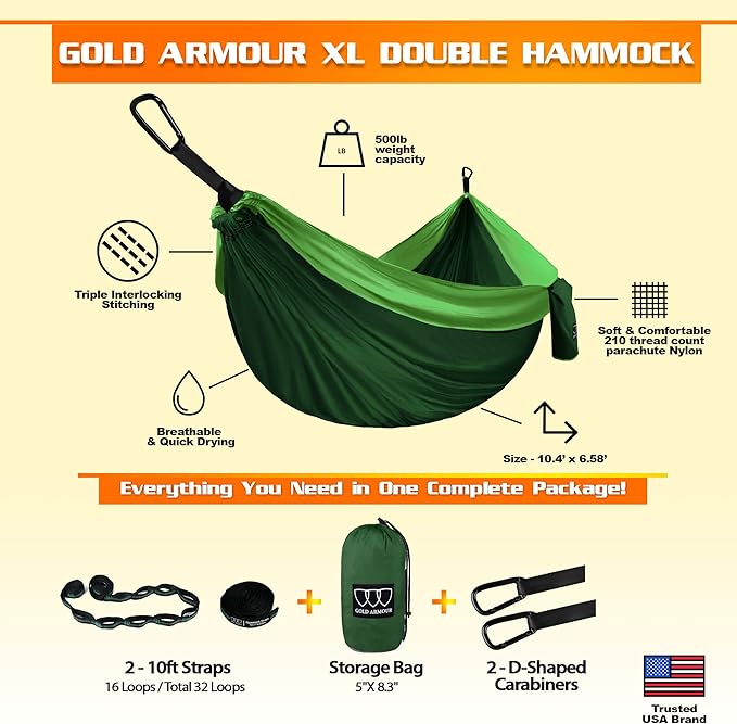 Hammocks – Extra Large Double Nylon Hammock in Green, 500 lb Rated