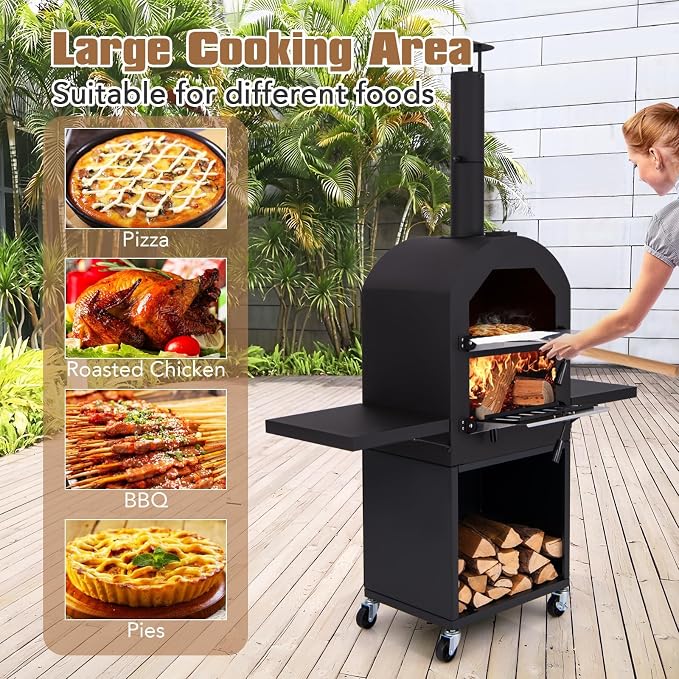 HAPPYGRILL Outdoor Wood Fired Pizza Oven w/Firewood Storage, Side Shelves - Image 9