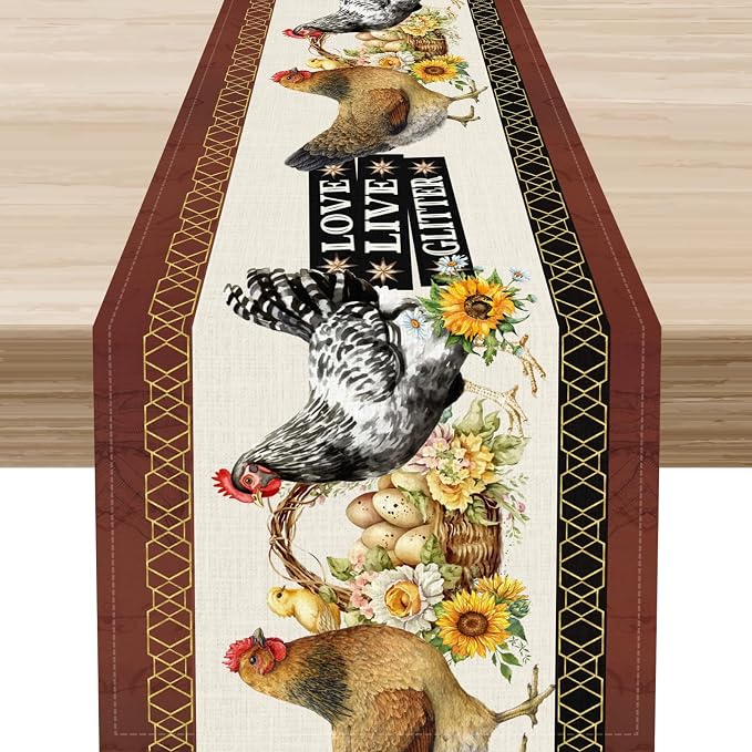 Farmhouse Rooster Table Runner, Rustic Vintage Chicken Egg Sunflower Floral Cow by Unknown